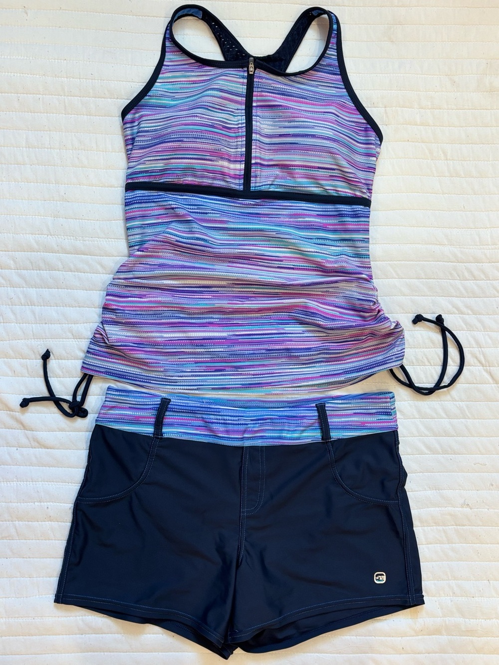 Free Country 2 Piece Tankini & Swim Shorts Set Multi-Color Striped Size M 8/10